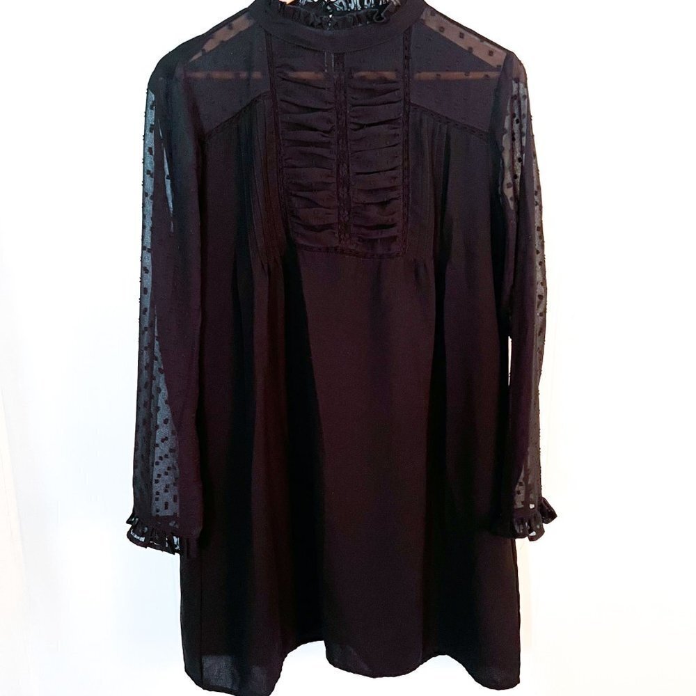 Zara Shift mini Dress with Ruffle front and Sheer Dot Sleeves Party Dress - Picture 2 of 10